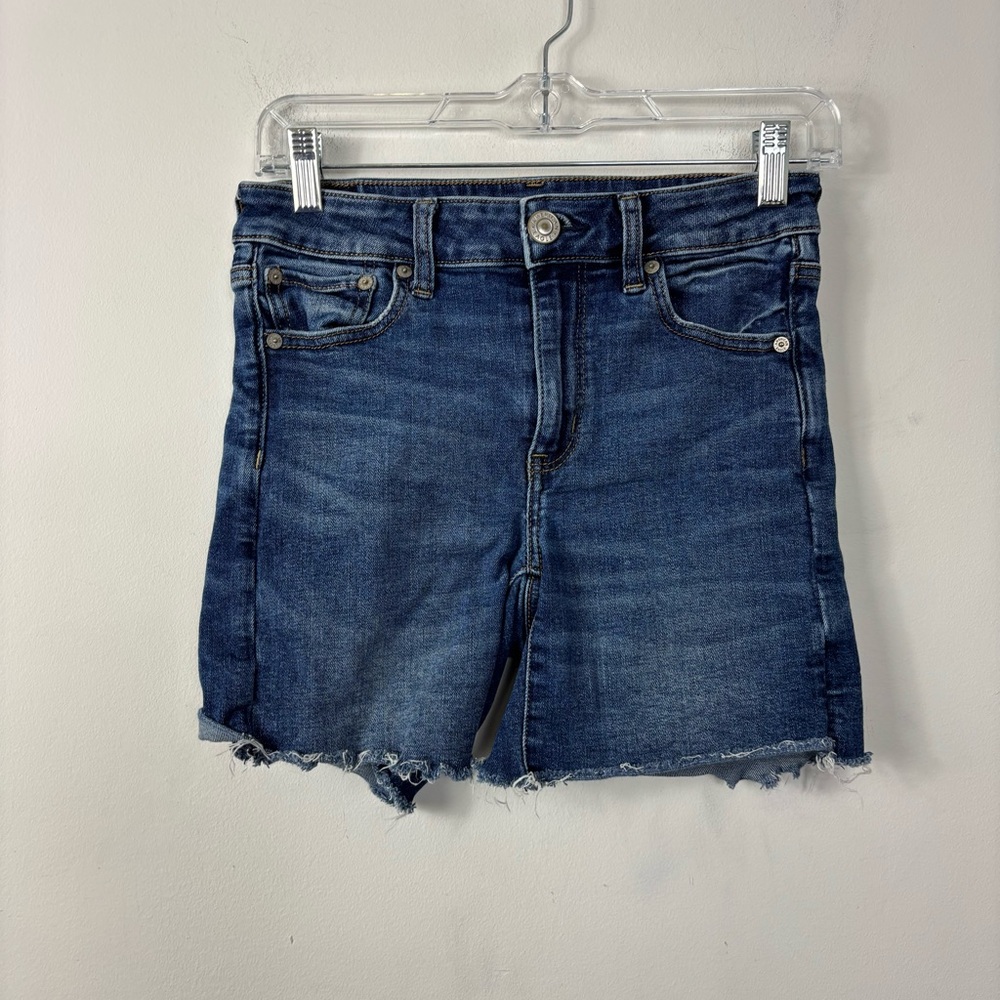 American Eagle Hi Rise Midi Jean Shorts Womens 4 Super Stretch Dark Wash Raw Hem